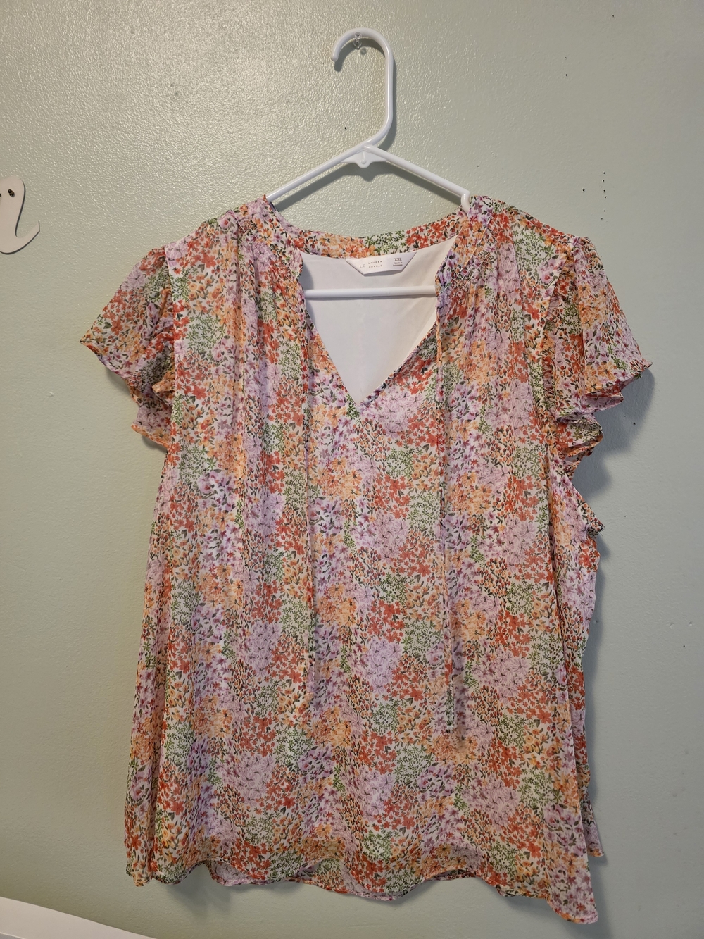 LC Lauren Conrad Floral Ruffle Sleeve V-Neck Blouse in Pink, Green & Orange